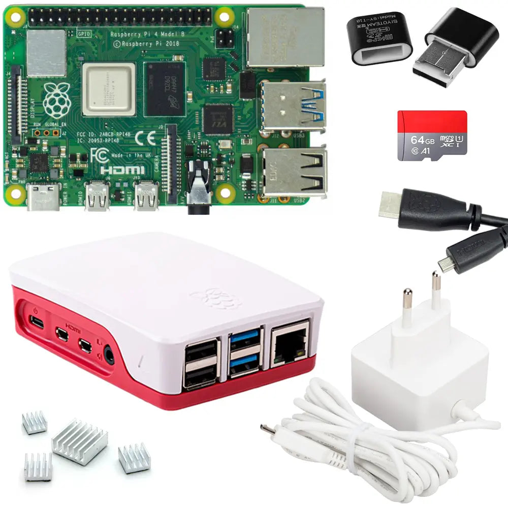 Raspberry Pi 4 4GB Starter-Set | 64GB Micro SD Karte | USB-C Netzteil | Gehäuse rot/weiß | 4K Micro HDMI Kabel | 3 Kühlkörper