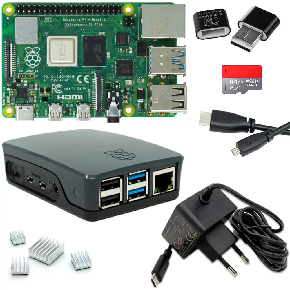 Raspberry Pi 4 Starter-Set | 64GB Micro SD Karte | USB-C Netzteil | Ge